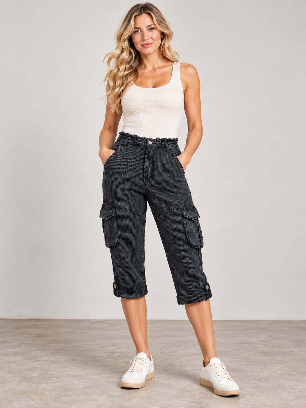 Free People FP One Frankie Cargo Pants Black Waffle Knit Cotton Size M